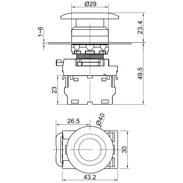 Tracon NYG3-MBK Hřibové tlačítko, černé 1×NO, 5A/230V AC-15, 40mm, IP65