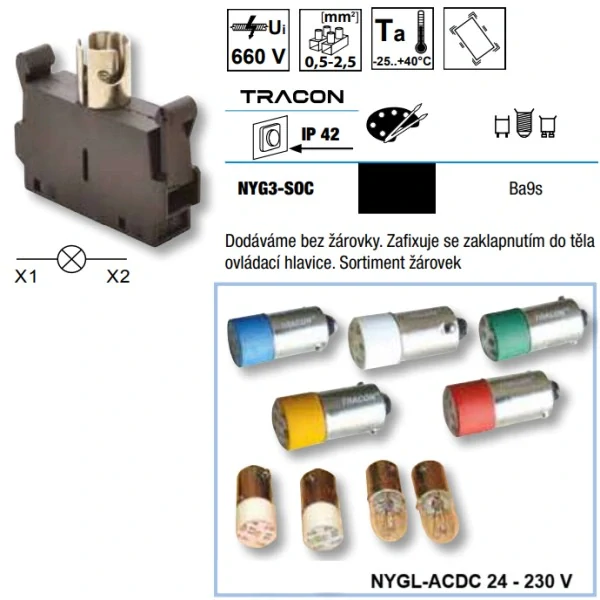 Tracon NYG3-SOC Objímka Ba9s k sérii NYG(K)3 Ba9s base, 6-400V AC/DC