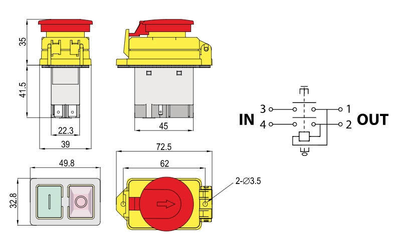 Tracon SSTM-01 Bezpečnostní tlačítko, hřibová hlavice 4PIN, 230VAC, 12A/AC3, IP54, 6,3×0,8