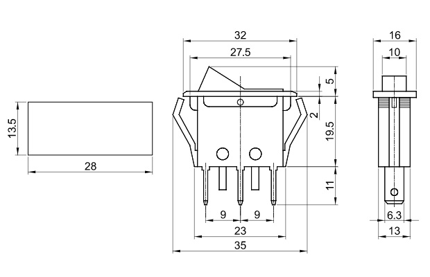 Tracon TES-11 Kolébkový vypínač, ON-OFF, červený-podsvětlený 16(6)A, 250V AC