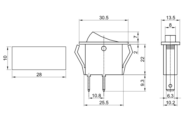 Tracon TES-13 Kolébkový vypínač, ON-OFF, černý, (popis 0-I) 16(6)A, 250V AC