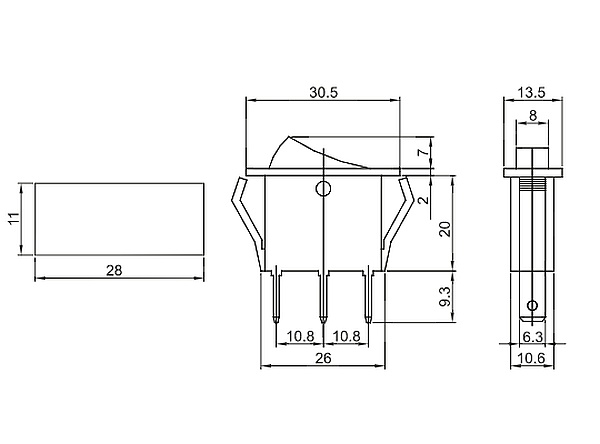 Tracon TES-21 Kolébkový vypínač, ON-OFF, červený-podsvětlený 16(6)A, 250V AC