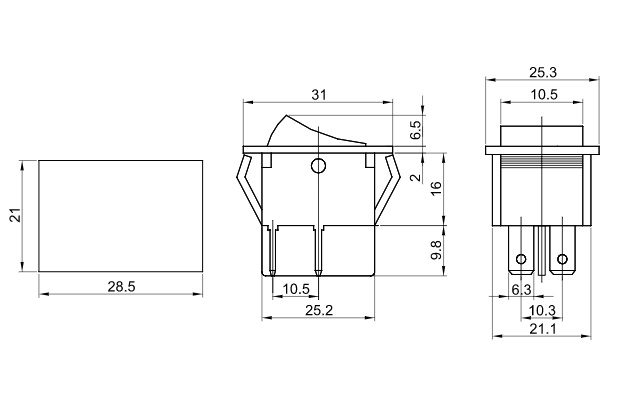 Tracon TES-42 Kolébkový vypín., ON-OFF, 2-pol., červený, popis 0-I, podsv. 16(6)A, 250V AC