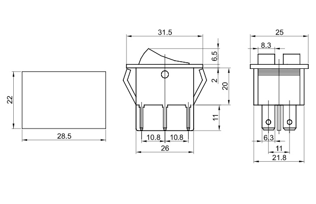 Tracon TES-43 Kolébkový vypínač, ON-OFF, 2 obvody, červený, popis 0-I 16(6)A, 250V AC