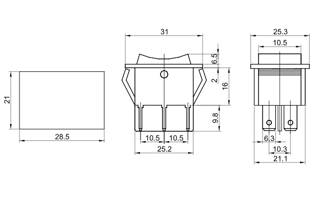 Tracon TES-52 Kolébkový přepínač, 3-poloh., červený, popis I-0-II 16(6)A, 250V AC
