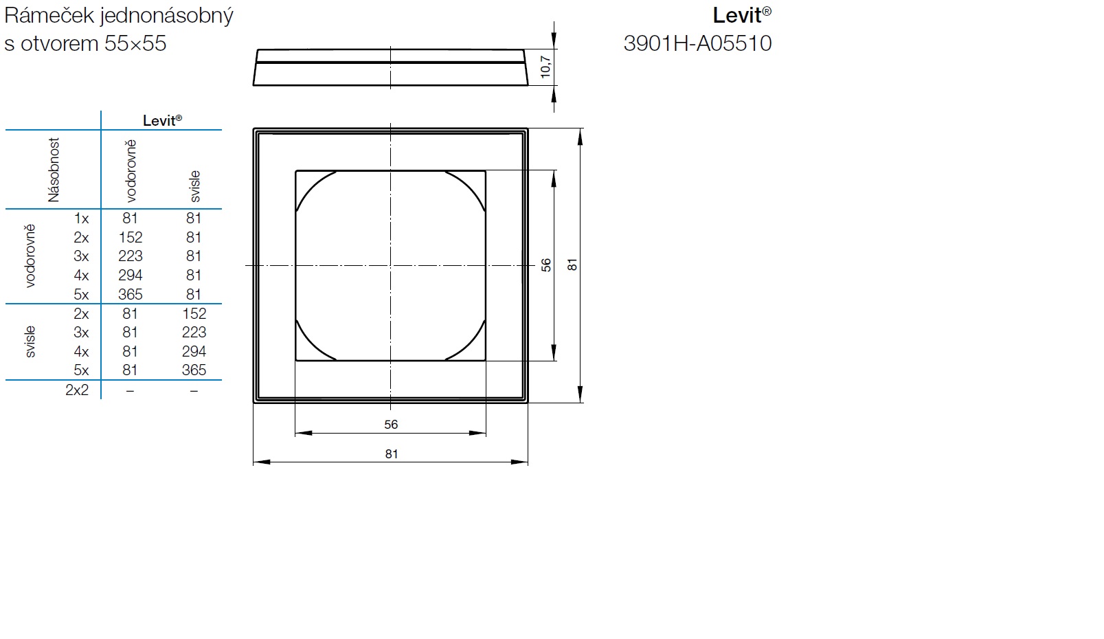 ABB 3901H-A05510 17, LEVIT Rámeček jednonásobný s otvorem 55x55; sl,kost/bílá