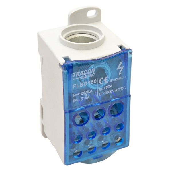 Tracon FLSO150 Odbočná svorka, s výklopným ochranným krytem 1×150(120)mm2/5×16(10),4×25(16),2×35(25)mm2, 1000VAC/DC,400A