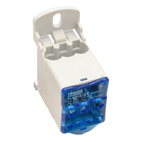 Tracon FLSO16 Odbočná svorka, s výklopným ochranným krytem 3×16(16)mm2 / 4×10(6)mm2, 1000VAC/DC, 80A