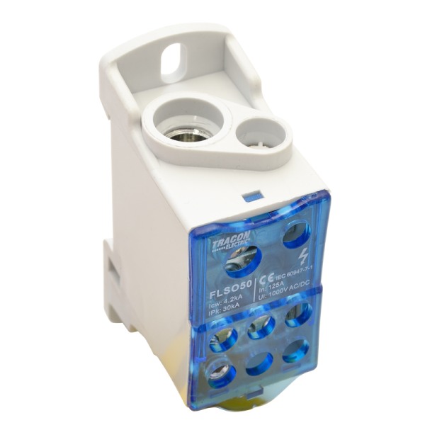 Tracon FLSO50 Odbočná svorka, s výklopným ochranným krytem 1×50(35)mm2 / 6×25(16)mm2, 1000VAC/DC, 125A