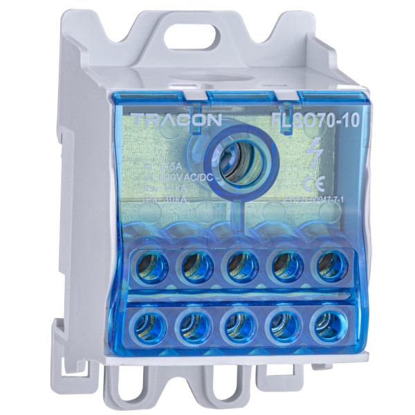 Tracon FLSO70-10 Odbočná svorka s výklopným ochranným krytem 1×70(50)mm2 / 10×16mm2, 690VAC/DC, 175A