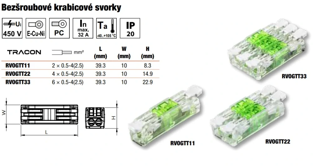 Tracon RVOGTT22 Bezšroubová krabicová svorka 0,5-4(2,5)mm2, 32A, 400VAC 2P