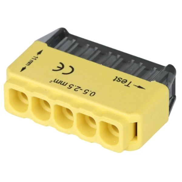 Tracon RVU2,5-5 Bezšroubová krabicová svorka, žlutá 5x0,5-2,5mm2, 450VAC, max. 16A