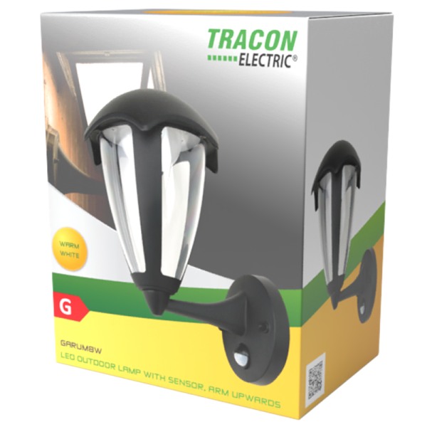 Tracon GARUM8W Exteriérové LED svítidlo,nástěnné, se záv.ramenem, nahoru,se 230 VAC, 50 Hz, 8 W, 550 lm, 3000 K, IP54, EEI=G s čidlem pohybu