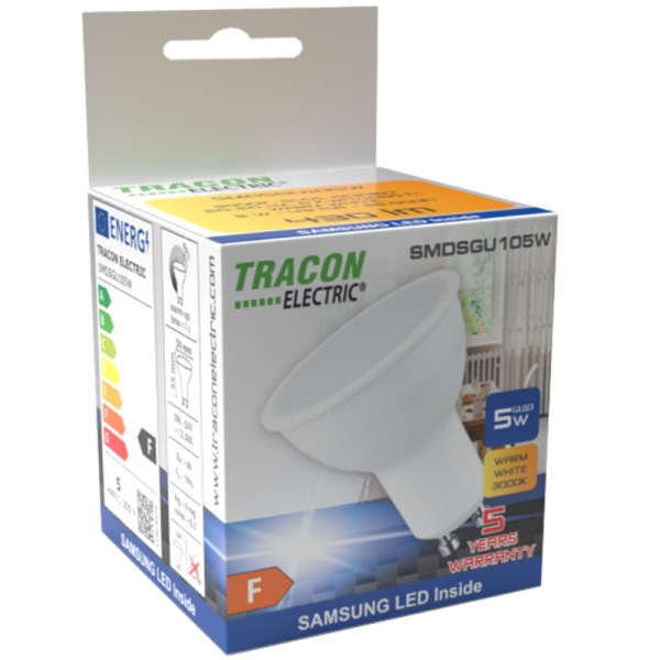 Tracon SMDSGU105NW LED žárovka, tvar koule s čipem SAMSUNG 230V, 50Hz, GU10,5W, 450lm, 4000K, 120°, SAMSUNG chip, EEI=F