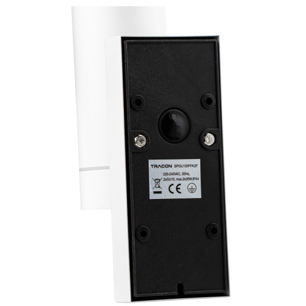 Tracon SPGU10IPFA2F Nástěnné bodové svítidlo, exterier., bílé, soumrak. spínač 100-240VAC, 50Hz, 2xGU10, max.35W, 30lux, IP44