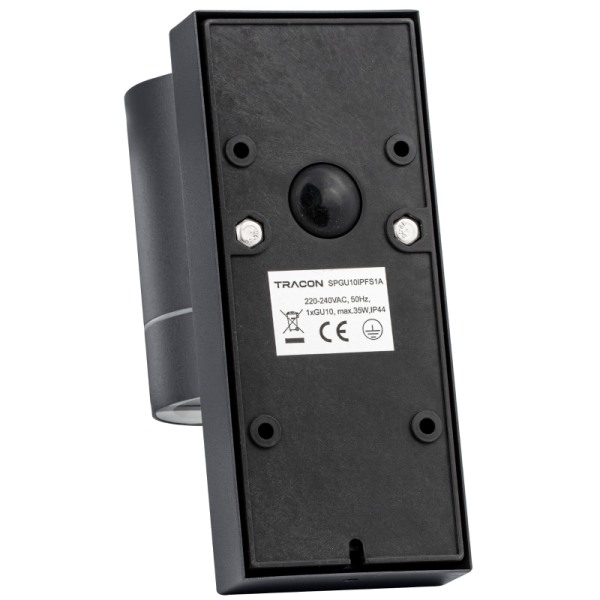 Tracon SPGU10IPFS1A Nástěnné bodové svítidlo, exterier., antracit, pohyb. sním. 100-240VAC, 50Hz, 1xGU10, ma.35W, 10s-4min, max 8m, 3-2000lx, IP44