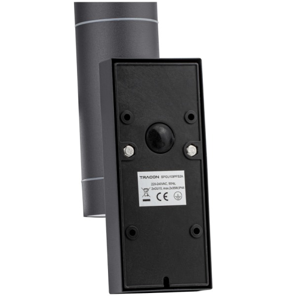 Tracon SPGU10IPFS2A Nástěnné bodové svítidlo, exterier., antracit, pohyb. sním. 100-240VAC, 50Hz, 2xGU10, max35W, 10s-4min, max 8m, 3-2000lx, IP44