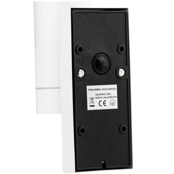 Tracon SPGU10IPFS2F Nástěnné bodové svítidlo, exterier., bílé, pohyb. snímač 100-240VAC, 50Hz, 2xGU10, max35W, 10s-4min, max 8m, 3-2000lx, IP44