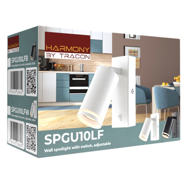 Tracon SPGU10LFW Nástěnné nastavitelné bodové svítidlo, bílé, se spínačem 100-240VAC, 50Hz, 1xGU10, max.35W