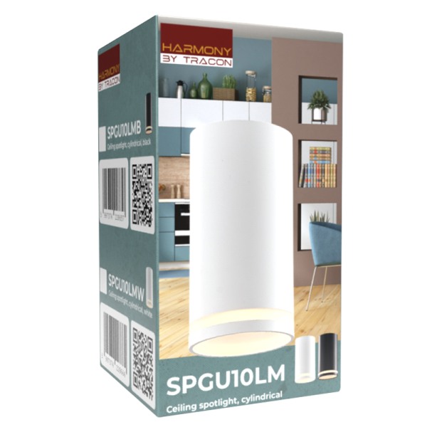 Tracon SPGU10LMW Stropní bodové svítidlo, válec, bílé 100-240VAC, 50Hz, 1xGU10, max.35W