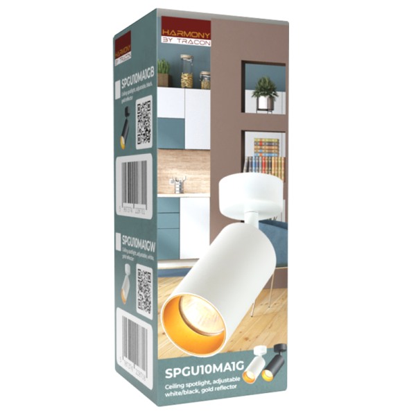 Tracon SPGU10MA1GW Stropní nastavitelné bodové svítidlo, bílé, zlatý refl. 100-240VAC, 50Hz, 1xGU10, max.35W