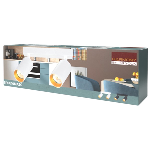 Tracon SPGU10MA2GW Stropní nastavitelné bodové svítidlo, bílé, zlatý refl. 100-240VAC, 50Hz, 2xGU10, max.2x35W