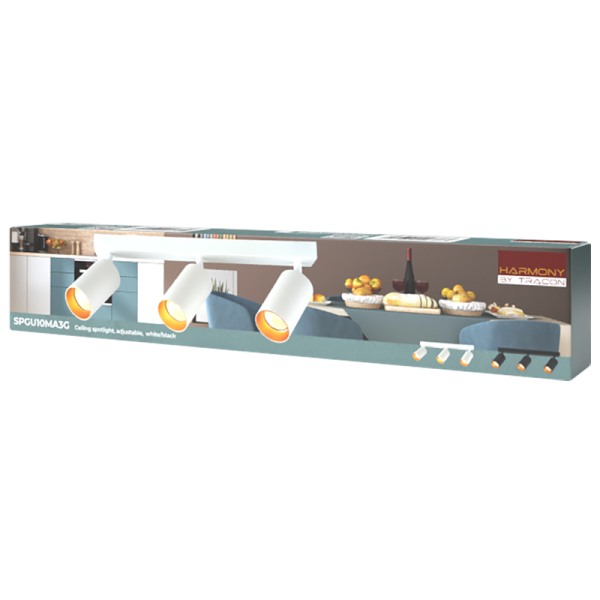 Tracon SPGU10MA3GW Stropní nastavitelné bodové svítidlo, bílé, zlatý refl. 100-240VAC, 50Hz, 3xGU10, max.3x35W