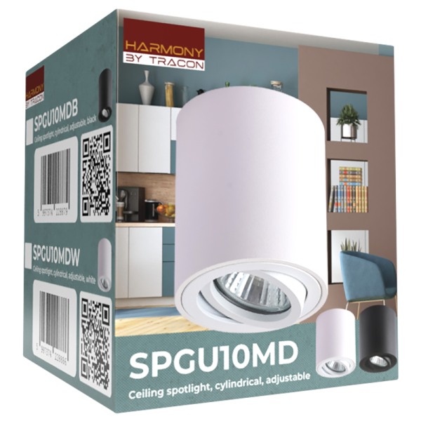 Tracon SPGU10MDW Stropní bodové svítidlo, válec, nastavitelné, bílé 100-240VAC, 50Hz, 1xGU10, max.35W
