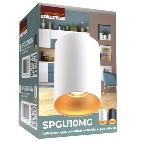 Tracon SPGU10MGW Stropní bodové svítidlo, válec, bílé, zlatý refl. 100-240VAC, 50Hz, 1xGU10, max.35W