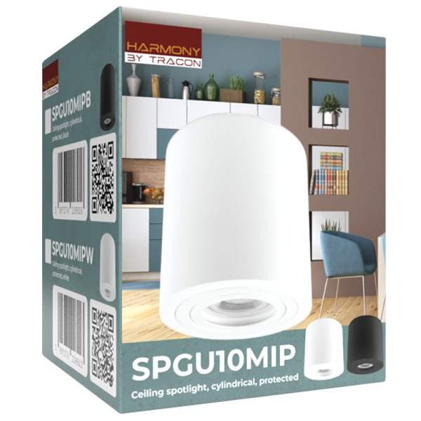 Tracon SPGU10MIPB Stropní bodové svítidlo se zvýšeným krytím, válec, černé 100-240VAC, 50Hz, 1xGU10, max.35W, IP44