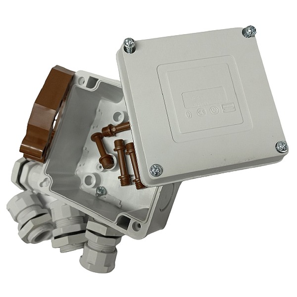Krabicová rozvodka + svorka, IP65, PA, 89x89x52,5mm s věnečkem a kabelovými průchodkami