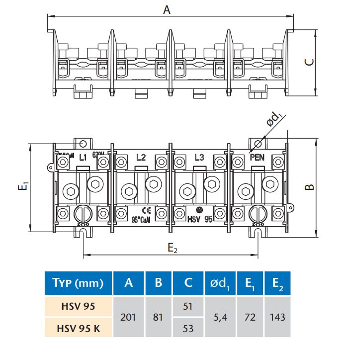 Stoupací svorkovnice SEZ HSV 95, průřez hlavního vodiče 16-95mm2, vedlejšího 6-16mm2, 4póly, IP 00