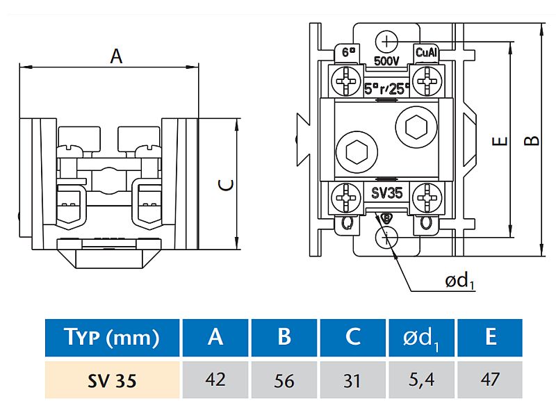 Stoupací svorkovnice, průřez hlavního vodiče 10-35mm2, vedlejšího 2,5-6mm2, 1pól, IP 00