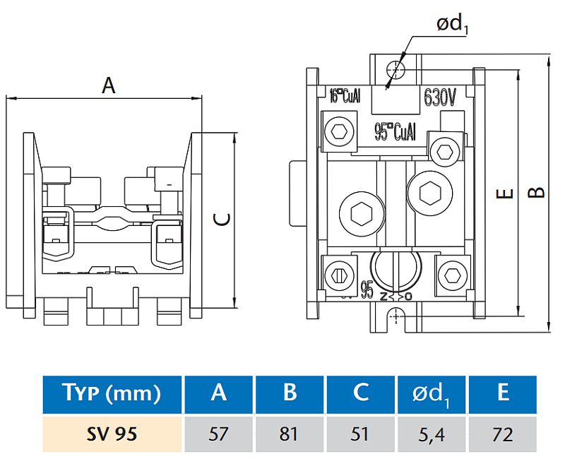 Stoupací svorkovnice, průřez hlavního vodiče 16-95mm2, vedlejšího vodiče 6-16mm2, 1pól, IP 00