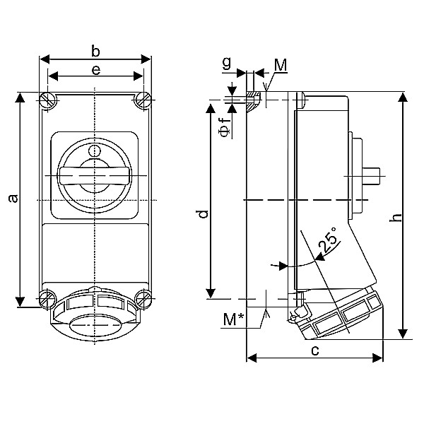 Tracon TICS-1252R Nástěnná průmyslová zásuvkas mechanickým blokováním 32A, 400A, 3P+N+E, 6h, IP67