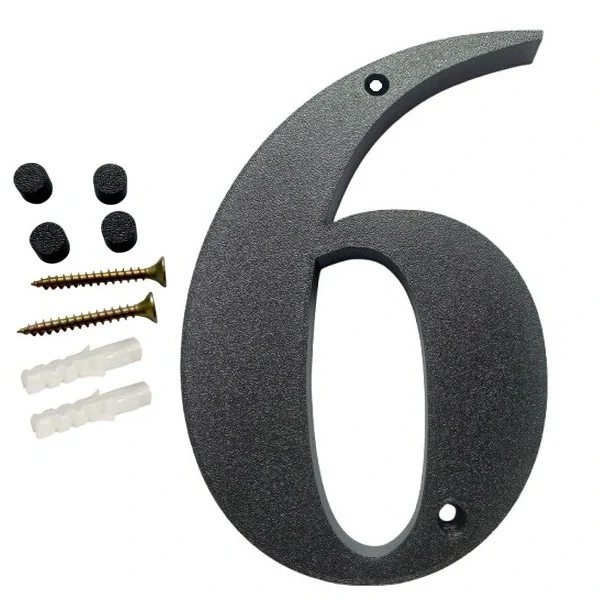 Domovní číslo popisné 6 na zeď, vrata, sloupky s dírami pro vruty barva černá, výška 170 mm