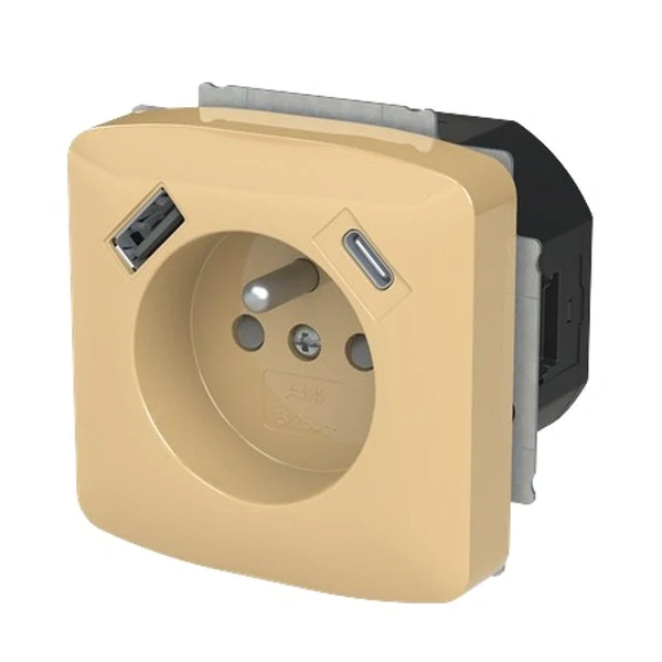 ABB 5569A-A32357 D Tango Zásuvka 1násobná s kolíkem, s clonkami, s nabíjením USB-A, USB-C, béžová