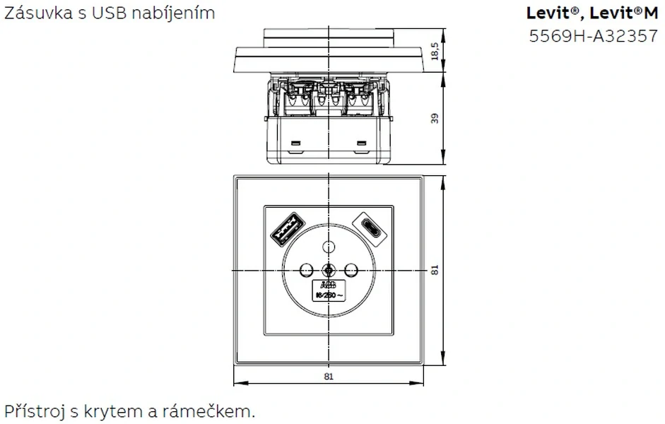 ABB 5569H-A32357 03, LEVIT Zásuvka 1násobná s kolíkem, s clonkami, s nabíjením USB-A, USB-C; bílá/bílá