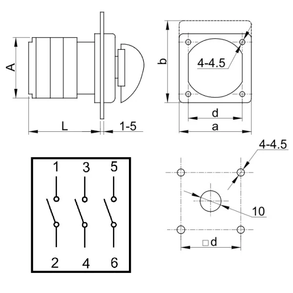 Vačkový vypínač, ON-OFF Tracon TK-126/3 400V, 50Hz, 125A, 3P, 30kW, 88×88mm, 60°