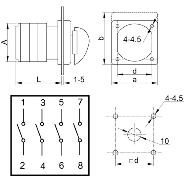 Vačkový vypínač, ON-OFF Tracon TK-126/4 400V, 50Hz, 125A, 4P, 30kW, 88×88mm, 60°
