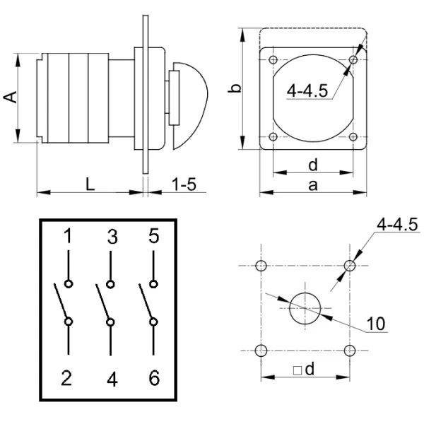 Vačkový vypínač, ON-OFF Tracon TK-129/3 400V, 50Hz, 125A, 3P, 30kW, 88×88mm, 90°