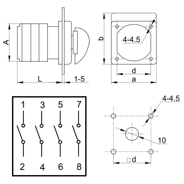 Vačkový vypínač, ON-OFF Tracon TK-129/4 400V, 50Hz, 125A, 4P, 30kW, 88×88mm, 90°