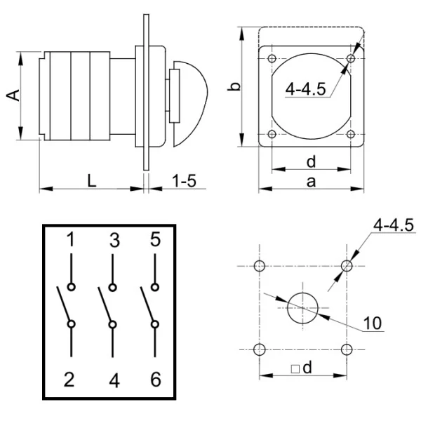 Vačkový vypínač, ON-OFF Tracon TK-166/3 400V, 50Hz, 160A, 3P, 37kW, 88×88mm, 60°