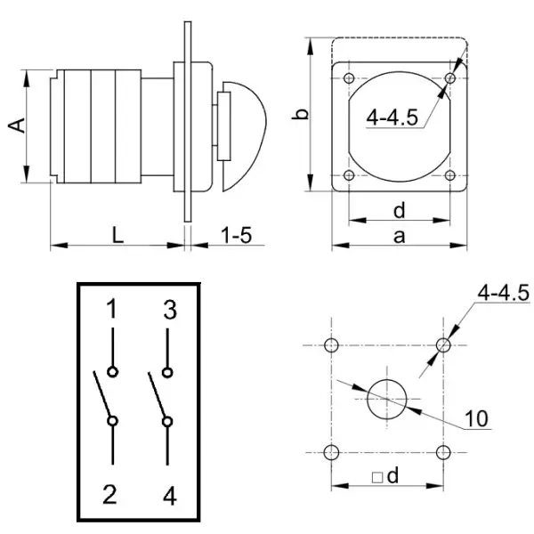 Vačkový vypínač, ON-OFF Tracon TK-206/2 400V, 50Hz, 20A, 2P, 5,5kW, 48×48mm, 60°
