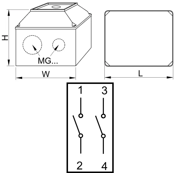 Krabicový vačkový vypínač, ON-OFF Tracon TK-256/2T 400V, 50Hz, 25A, 2P, 7,5kW, 48×48mm, 60°, IP44