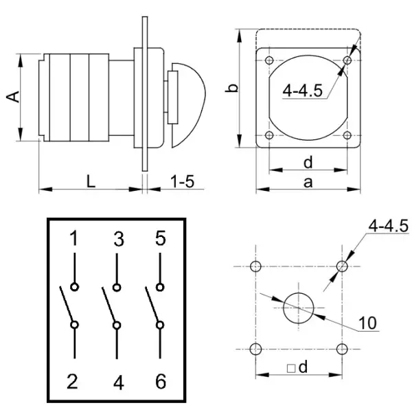 Vačkový vypínač, ON-OFF Tracon TK-259/3 400V, 50Hz, 25A, 3P, 7,5kW, 48×48mm, 90°
