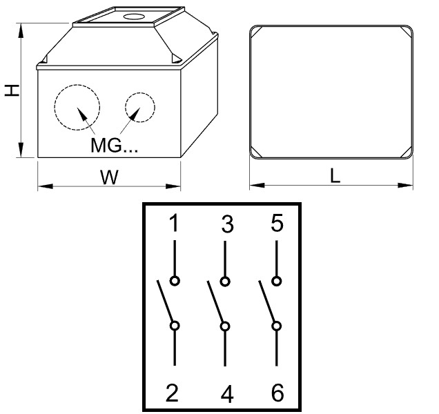 Krabicový vačkový vypínač, ON-OFF Tracon TK-259/3T 400V, 50Hz, 25A, 3P, 7,5kW, 48×48mm, 90°, IP44