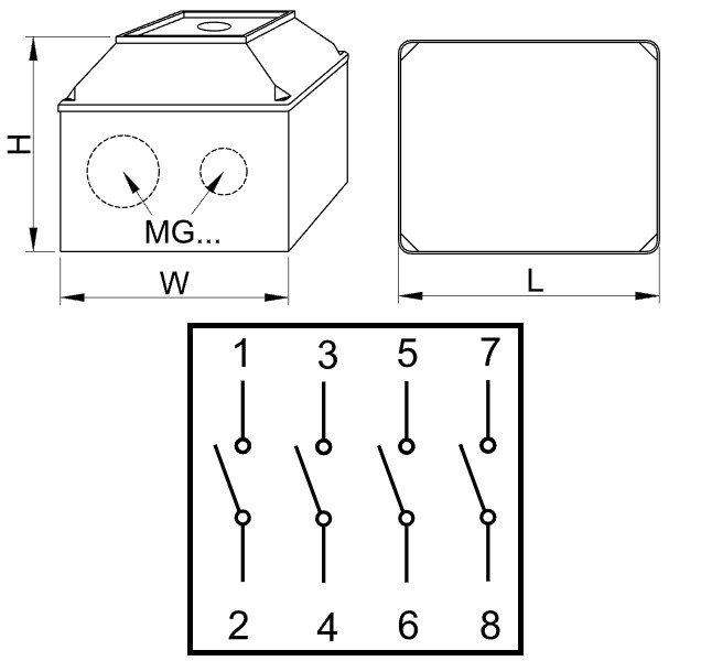Krabicový vačkový vypínač, ON-OFF Tracon TK-259/4T 400V, 50Hz, 25A, 4P, 7,5kW, 48×48mm, 90°, IP44