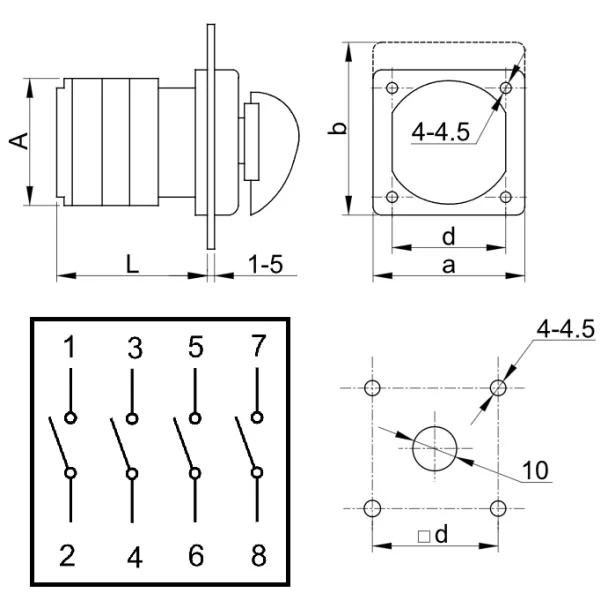 Vačkový vypínač, ON-OFF Tracon TK-639/4 400V, 50Hz, 63A, 4P, 18,5kW, 64×64mm, 90°