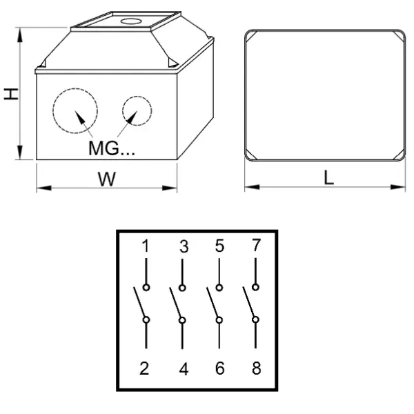 Krabicový hlavní vypínač, se zámkem, ON-OFF Tracon TKFK-20T 400V, 50Hz, 20A, 4P, 5,5kW, 48×48mm, IP44